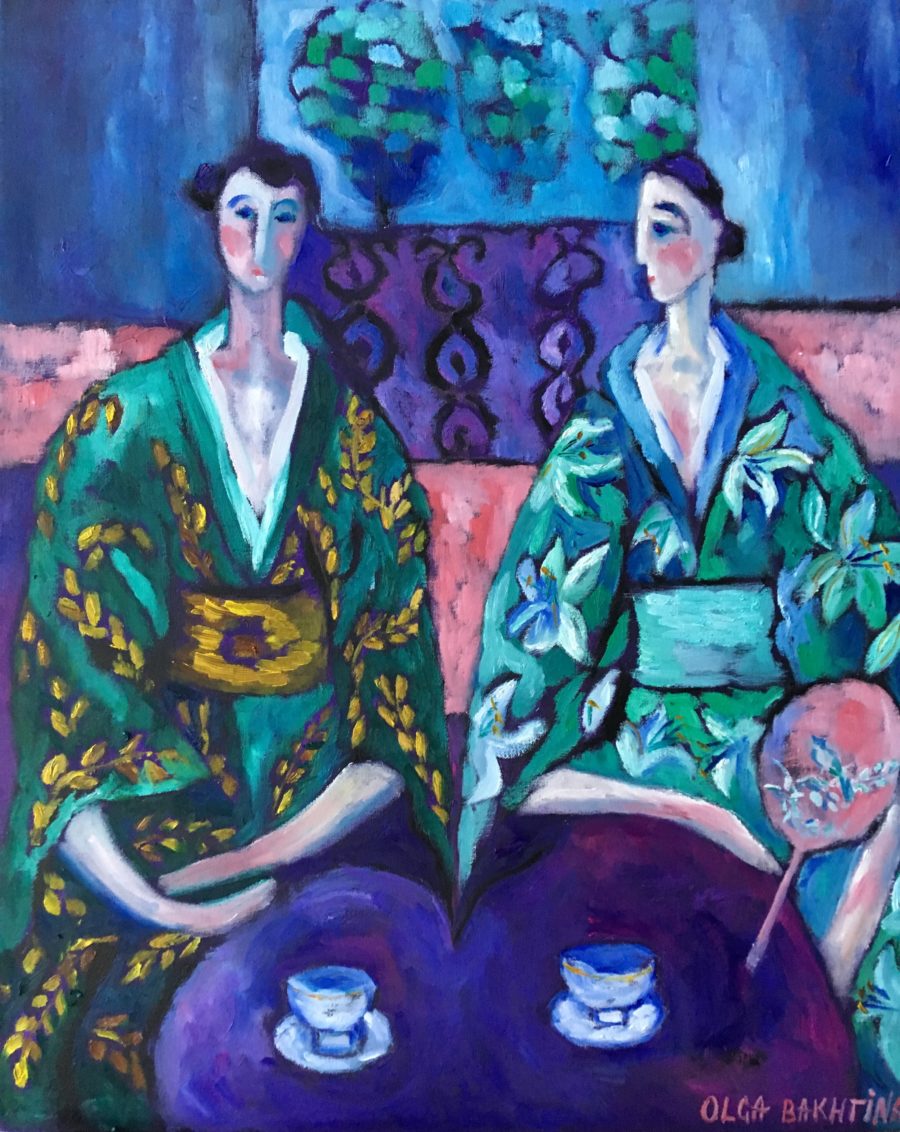 Two sisters in green kimono painting | by Olga Bakhtina
