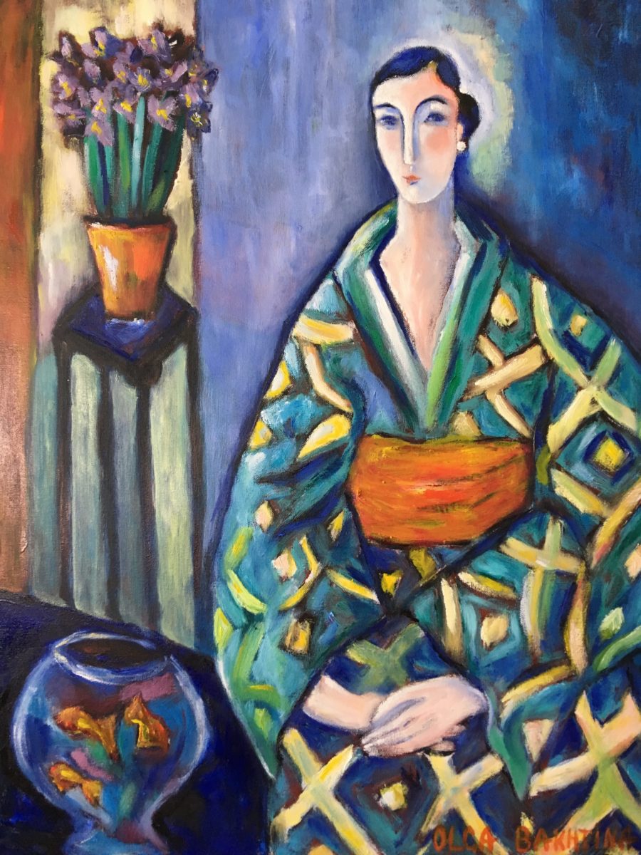 Green kimono and gold fish painting | by Olga Bakhtina