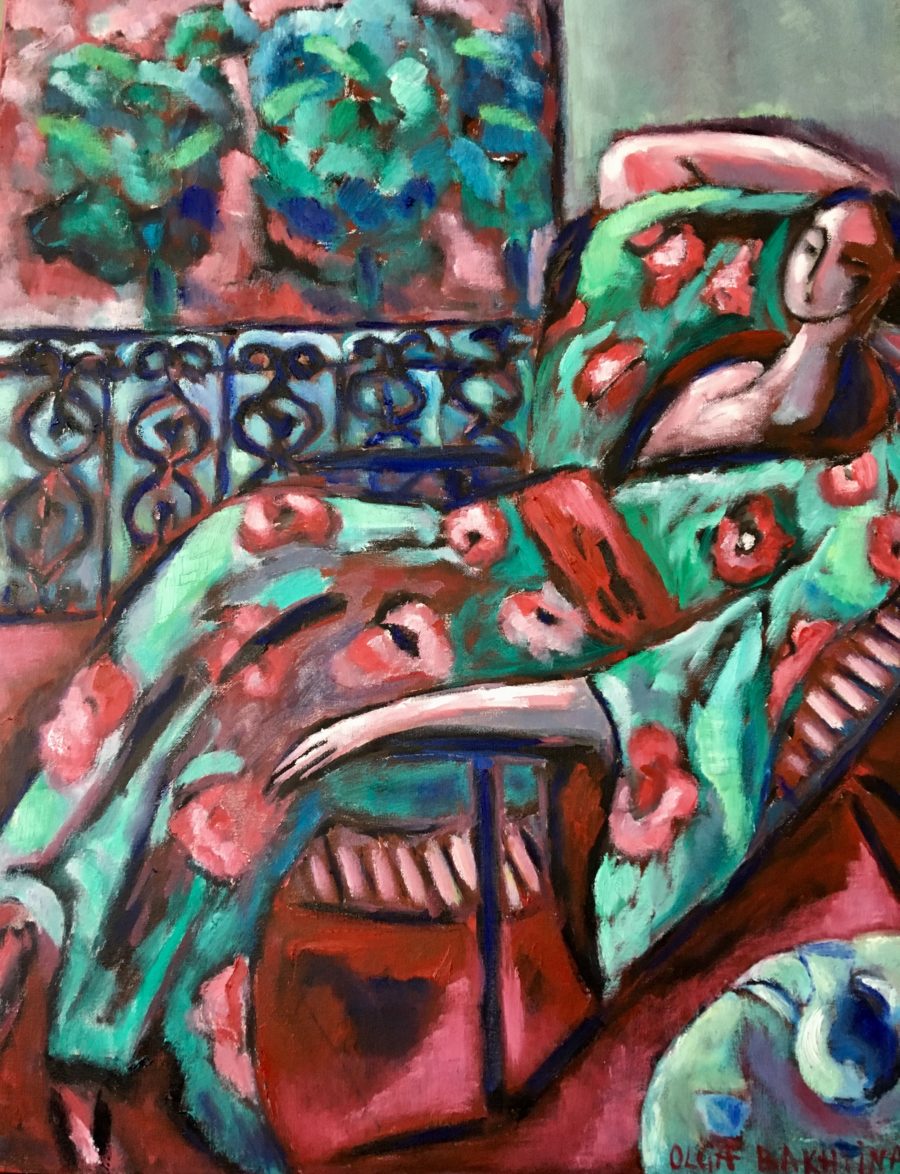 On the terrace in green kimono painting | by Olga Bakhtina