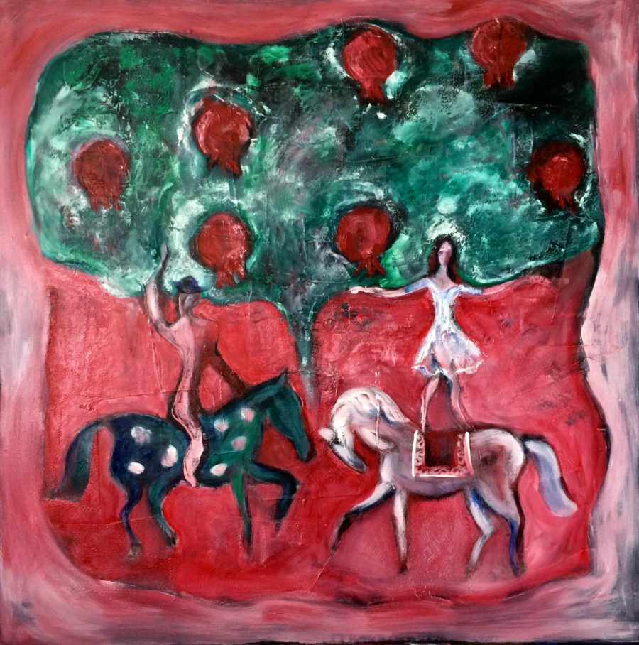 Horse-riders in pomegranate garden painting | by Olga Bakhtina